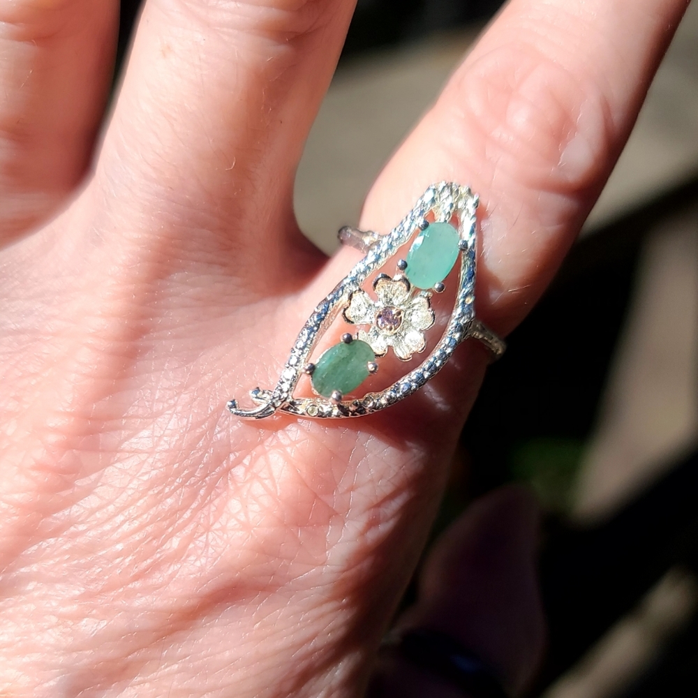 "2 Peas in a Pod" Emerald & Pink Topaz sterling ring sz8